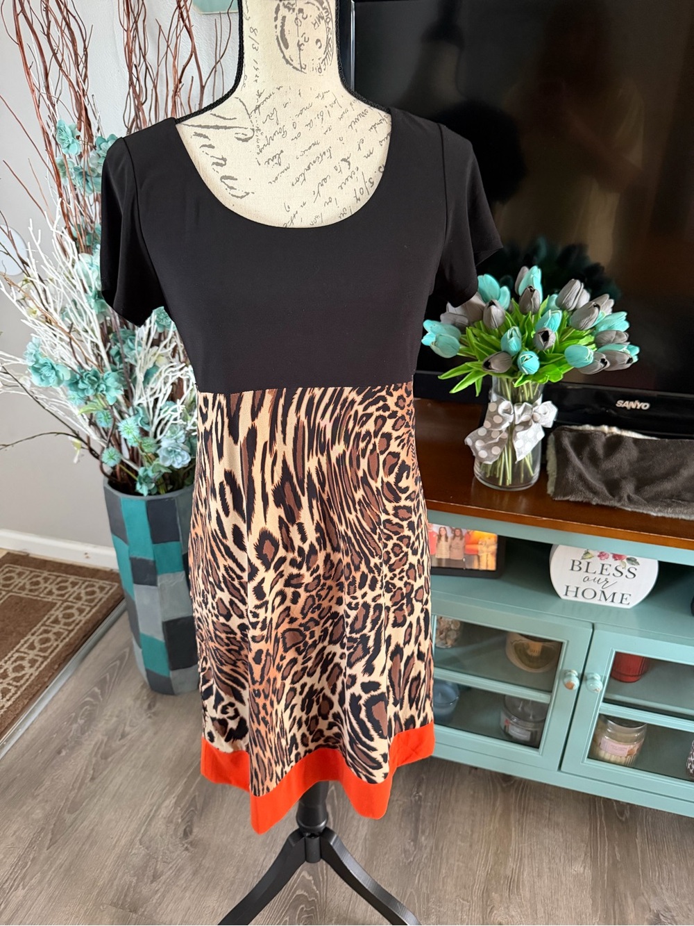 Tiana B. Black Top Leopard Print Midi Dress with Orange Hem Size 6